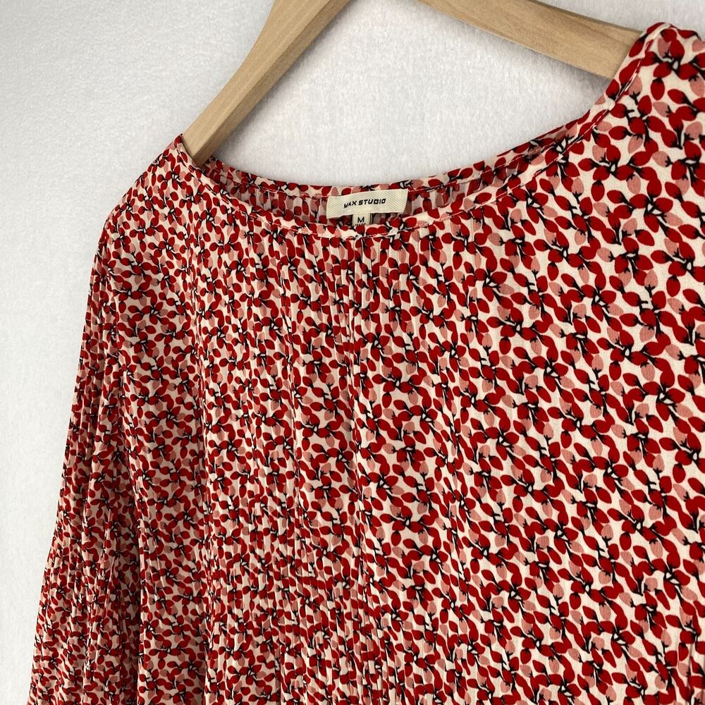 MAX STUDIO Blouse M Peasant Top Boxy Floral Round Neck Flared Sleeve Red - Picture 3 of 13